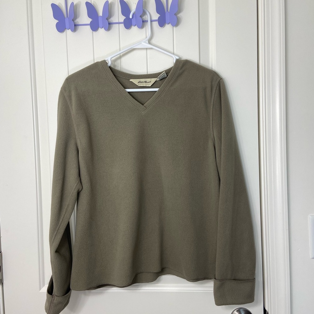 NWOT Vintage Eddie Bauer‎ women’s tan v-neck cuffed sleeve soft fleece shirt L